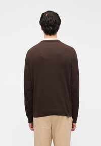 Pull marron en tricot avec un col rond et des manches longues, présentant une texture lisse et un ourlet côtelé, assorti à un pantalon beige.