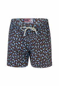 Bañadores marrones con un patrón de caballitos de mar azules. Fabricados con material ligero, cuentan con cintura con cordón y bolsillos laterales.