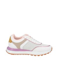 Scarpe sportive bianche con accenti rosa e beige, pannelli in rete e una suola intermedia viola. Suola in gomma testurizzata per la trazione.