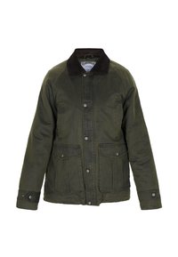 Grøn canvasjakke med krave i brunt corduroy, knaplukning foran, to frontlommer og synlige sømdetaljer. Casual, mellemvægtig design.