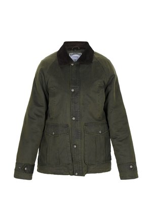 Grøn canvasjakke med krave i brunt corduroy, knaplukning foran, to frontlommer og synlige sømdetaljer. Casual, mellemvægtig design.