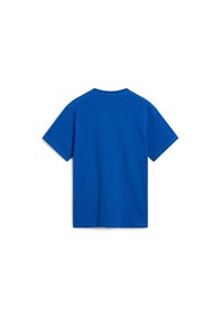 Lyhythihainen sininen t-paita puuvillasta, jossa on pyöreä kaula-aukko. Sileä pinta, tasainen väri, eikä näkyviä kuvioita tai grafiikoita.