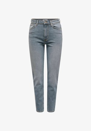 Light blue denim jeans with a high waist, straight leg design, five pockets, and subtle fading. Features a button closure and belt loops.