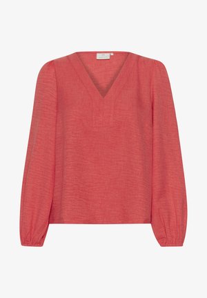 Korallenfarbene Bluse mit langen Ärmeln und V-Ausschnitt, gefertigt aus einem strukturierten Stoff, mit lockerer Passform und gerafften Bündchen. Schlichtes Design, ohne Muster oder Akzente.