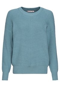 Pull tricoté bleu clair à manches longues, poignets et ourlet côtelés, et encolure ronde.