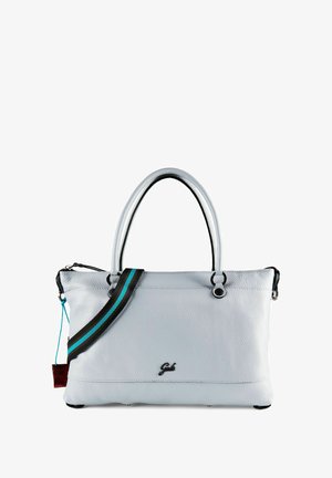 Bolso de mano de cuero gris claro con asas dobles, correa de hombro a rayas negras y azules, y pequeño detalle de logo frontal.