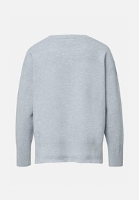 Hellgrauer, langärmliger Strickpullover mit gerippten Bündchen und Saum, von hinten vor einem weißen Hintergrund dargestellt.