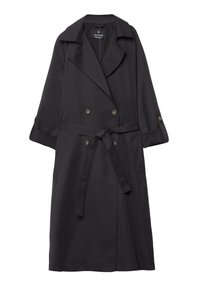 Černý dvouřadový trenčkot s vázacím páskem, krátkými rukávy a dvěma předními kapsami. Vyroben z hladké tkaniny s elegantním designem.