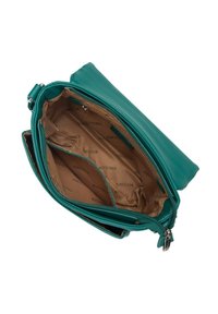 Borsa in pelle teal con chiusura a zip, dotata di più scomparti e foderata in un interno color crema con un motivo del logo.