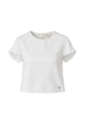 Camicia bianca da donna a maniche corte con scollo rotondo, cerniera posteriore e piccolo logo metallico vicino all'orlo sul lato destro frontale.
