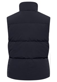 Gilet trapuntato senza maniche di colore blu navy con colletto alto, caratterizzato da sezioni trapuntate e una texture liscia per isolamento e comfort.