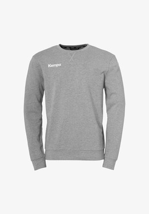 Grijze sweatshirt met lange mouwen, ronde hals en geribde manchetten. Heeft een wit "Kempa"-logo aan de bovenlinkerkant. Zachte textuur.
