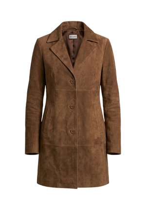 Brauner Wildledermantel bis zum Knie mit Reverskragen, drei vorderen Knöpfen und zwei seitlichen Schlitztaschen, innen am Kragen mit "Ricano" beschriftet.