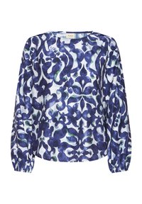 Blouse à manches longues avec des poignets élastiques, présentant un motif floral orné bleu et vert sur un fond blanc.