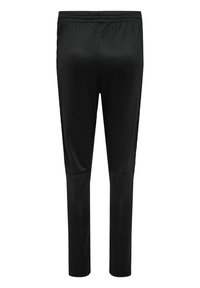 Schwarze Sporthose mit elastischem Bund, schmal zulaufenden Beinen und glatter Oberfläche; verfügt über Seitenpaneele für einen maßgeschneiderten Look.