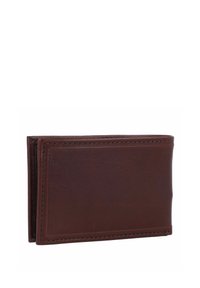Braune Lederbörse mit glatter Oberfläche, im Bi-Fold-Design und sichtbaren Nähten entlang der Kanten. Sie verfügt über ein schlankes Profil ohne Zubehör.