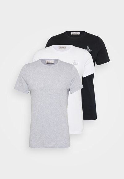 Three T-shirts: one gray, one white, one black. Each has a round neck, short sleeves, and a small logo on the chest. Soft cotton fabric.