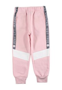 Pantalon de survêtement rose clair avec des panneaux blancs, une taille élastique et des bandes graphiques latérales avec du texte. Confectionné en tissu doux et confortable.