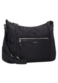 Černá crossbody taška vyrobená z texturované tkaniny. Obsahuje přední kapsu na zip, kovové detaily a nastavitelný popruh. Prostorný design.