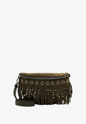 Olive green suede bag with fringe detail, silver-tone grommets, and studs. Features a zipper closure and an adjustable strap.