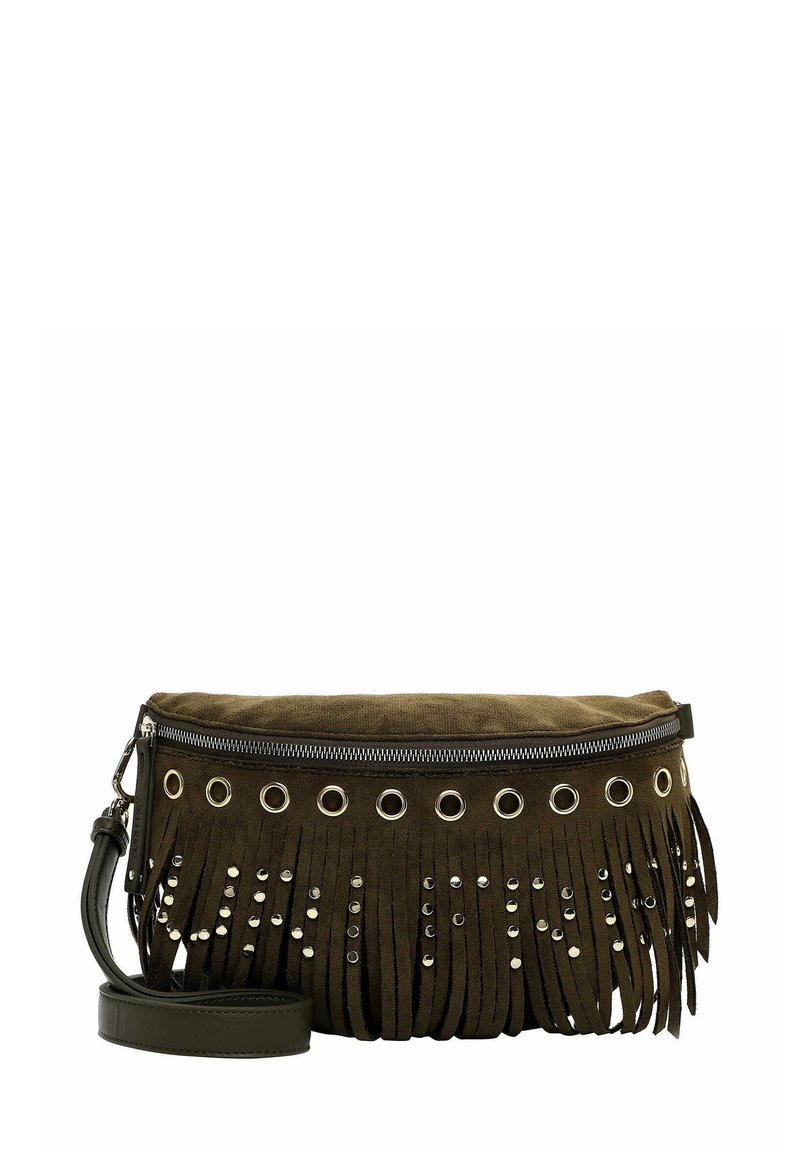 Borsa in suede verde oliva con dettagli in frange, borchie in tonalità argento e occhielli. Presenta una chiusura con zip e una tracolla regolabile.