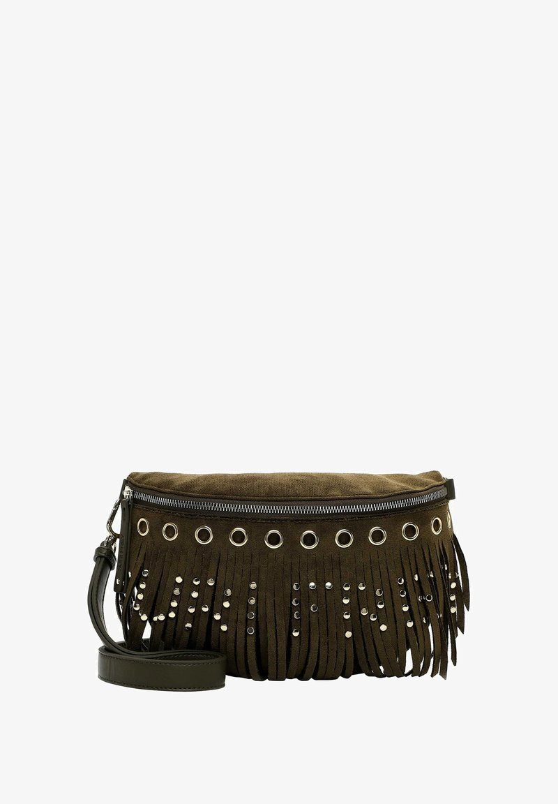 Borsa in suede verde oliva con dettagli in frange, borchie in tonalità argento e occhielli. Presenta una chiusura con zip e una tracolla regolabile.