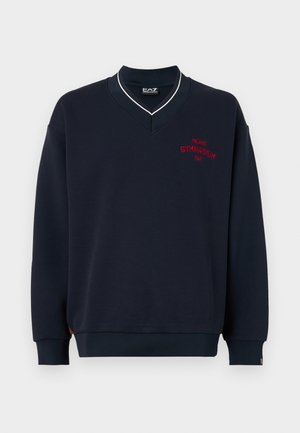 Navyblauwe sweatshirt met een V-hals ontwerp. Voorzien van rode borduursel "MILANO GYMNASIUM EA7" op de borst. Zacht, textuurstof.