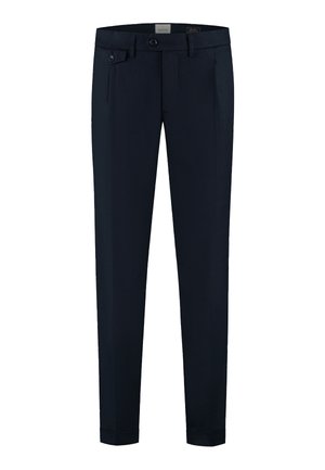 Pantaloni formali slim-fit blu navy con chiusura con bottone e cerniera, passanti per cintura e tasche laterali.