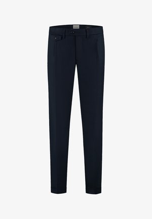 Pantalon formel bleu marine coupe slim avec fermeture par bouton et zip, passants de ceinture et poches latérales.