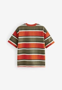 Short-sleeve T-shirt featuring horizontal stripes in orange, red, olive green, and white. Cotton fabric with a crew neckline.