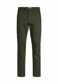 Pantaloni verzi, slim-fit, cu față plată, bucle pentru brâu și fermoar. Confecționați dintr-un amestec de bumbac cu o textură netedă.