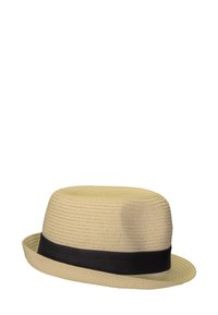 Light tan straw hat with a round crown and a narrow black band. The brim is slightly turned up, featuring textured woven material.