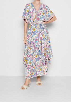 Maxiklänning med blommönster i flera färger, med V-ringning, korta ärmar, dragsko i midjan och asymmetrisk nederkant.