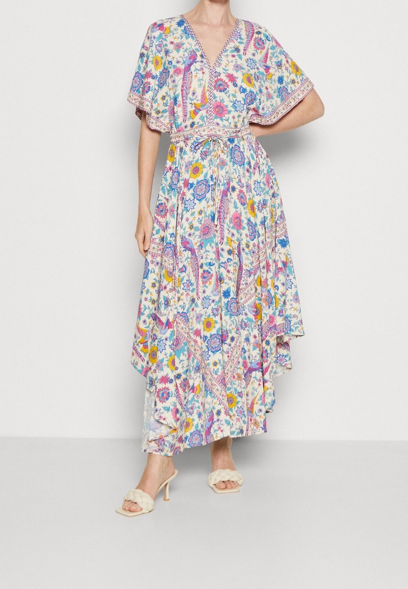 Maxikleid mit floralem Druck in vielen Farben, mit V-Ausschnitt, kurzen Ärmeln, Kordelzug in der Taille und asymmetrischem Saum.