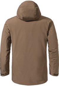 Brown waterproof jacket with a hood, smooth texture, long sleeves, and elastic cuffs. Features a simple design with no visible branding.