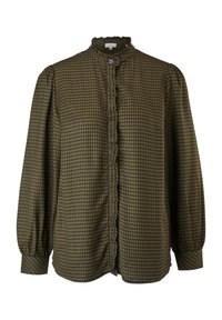 Blouse à carreaux vichy olive et noir avec patte de boutonnage volantée, col montant à volants, manches longues bouffantes et poignets à revers.