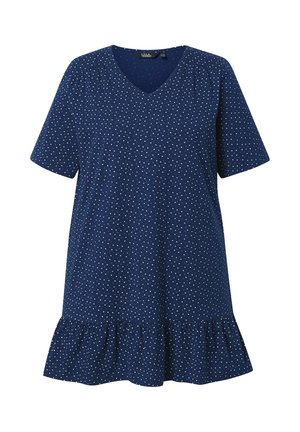 Marineblaues Kleid mit kurzen Ärmeln, weißen Polka-Dots, V-Ausschnitt und gewelltem Saum.