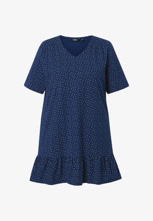Tmavě modré krátké šaty s bílými puntíky, výstřihem do V a volánkovým lemem.