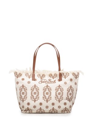 Borsa tote bianca con motivi floreali marroni, manici marroni e bordo superiore frangiato, con "MC2 Saint Barth" ricamato sul davanti.