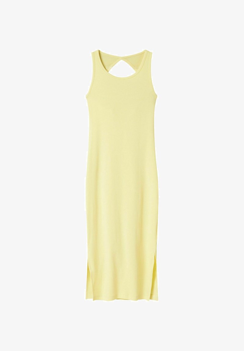 Geltona juostos formos suknelė su apvalia iškirpte, kryžminėmis petnešomis, šoninėmis plyšiais ir prigludusia siluetu. Minkšta tekstūra su elastinga medžiaga.