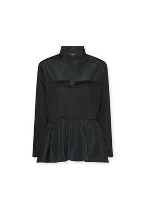 Zwart topje met een kraag, lange mouwen en een getextureerde zoom van een geplooid, glanzend materiaal. Eenvoudig ontwerp met een tweekleuren-effect.