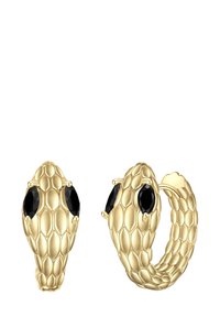 Guld slangeformede øreringe med teksturerede skæl og sorte ædelstensøjne, designet som små hoops.