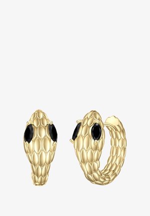 Goldene Ohrringe in Schlangenform mit strukturierten Schuppen und schwarzen Edelsteinen als Augen, gestaltet als kleine Creolen.