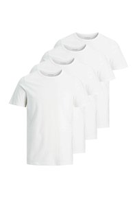 Vier witte katoenen t-shirts met een klassieke ronde hals en korte mouwen, voorzien van een gladde textuur en eenvoudig ontwerp.