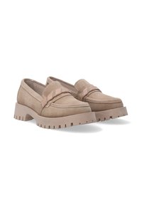 Beige suède loafers met een geweven banddetail, lage chunky rubberzool en ronde teen. Geribbelde bovenkant en ontwerp met platte hak.