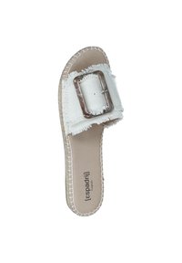 White fabric slide sandal featuring a textured buckle, frayed edges, and a natural-colored sole with stitched accents.