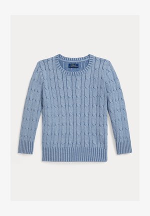 Pulover albastru deschis, cu croială tricotată în model cu torsade, guler rotund, manșete și tiv striate, etichetă Polo Ralph Lauren în interiorul gulerului.