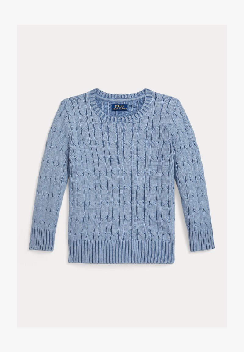 Gaiši zils džemperis ar adījumu ar rakstu, apaļš kakls, ribotas aproces un apakšmala, Polo Ralph Lauren etiķete apkakles iekšpusē.