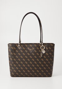 Fekete tote táska arany monogramos mintával, texturált anyagból, dupla füllel és logós charm-mal. Strukturált sziluettel rendelkezik.