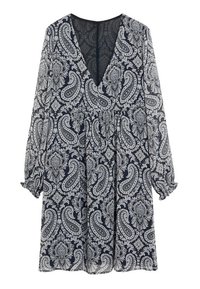 Vestido azul marino con mangas largas y transparentes, escote en forma de V y cintura ajustada, que presenta un estampado de cachemira blanco y una textura en la tela.
